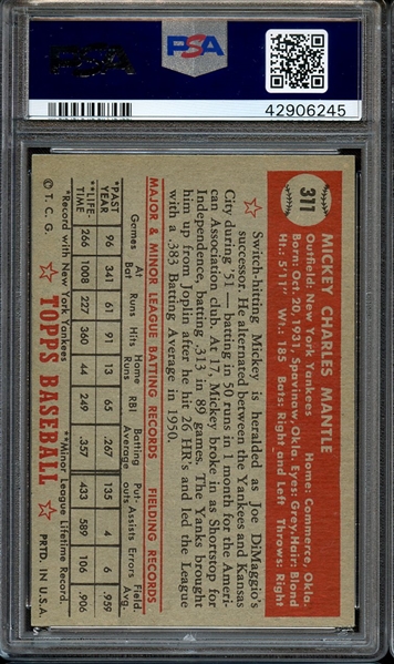 1952 TOPPS 311 MICKEY MANTLE PSA EX-MT 6