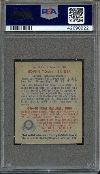 1949 BOWMAN 226 DUKE EDWIN SNIDER RC PSA EX-MT 6