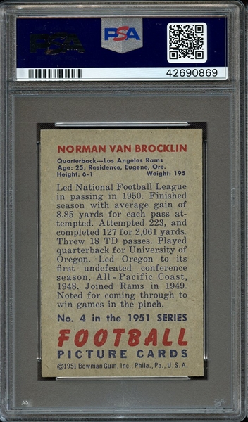 1951 BOWMAN 4 NORM VAN BROCKLIN RC PSA NM-MT 8