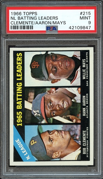 1966 TOPPS 215 NL BATTING LEADERS CLEMENTE/AARON/MAYS PSA MINT 9