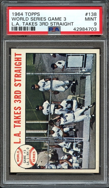 1964 TOPPS 138 WORLD SERIES GAME 3 L.A. TAKES 3RD STRAIGHT PSA MINT 9