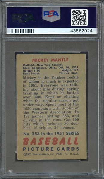 1951 BOWMAN 253 MICKEY MANTLE RC PSA VG 3