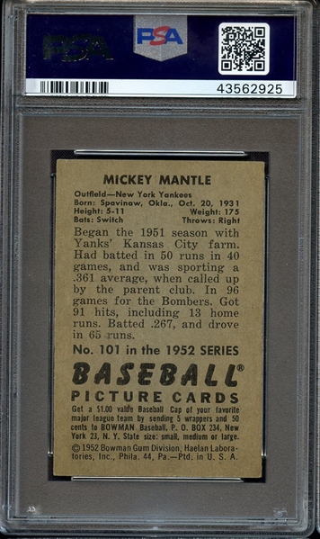 1952 BOWMAN 101 MICKEY MANTLE PSA EX 5