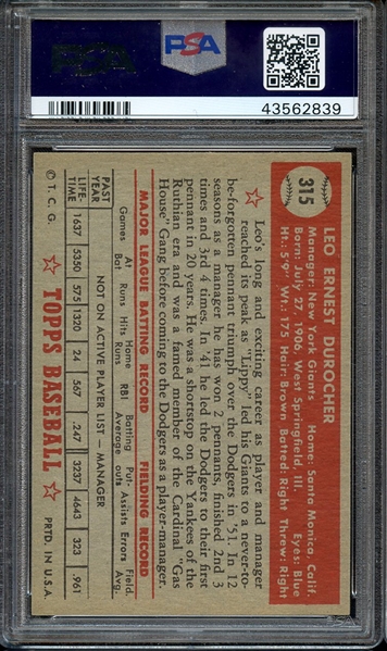 1952 TOPPS 315 LEO DUROCHER PSA NM-MT 8