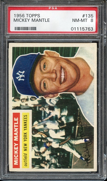 1956 TOPPS 135 MICKEY MANTLE GRAY BACK PSA NM-MT 8