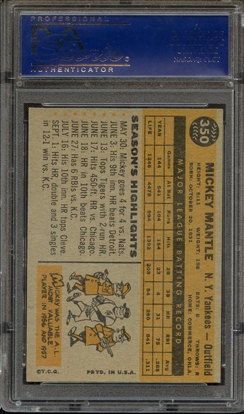 1960 TOPPS 350 MICKEY MANTLE PSA NM-MT 8