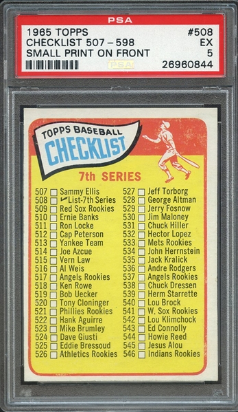 1965 TOPPS 508 CHECKLIST 507-598 SMALL PRINT ON FRONT PSA EX 5
