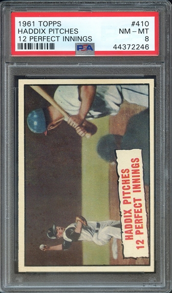 1961 TOPPS 410 HADDIX PITCHES 12 PERFECT INNINGS PSA NM-MT 8
