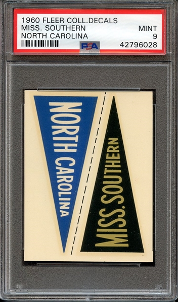 1960 FLEER COLLEGE PENNANT DECALS MISS. SOUTHERN NORTH CAROLINA PSA MINT 9