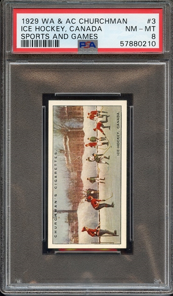 1929 W.A. & A.C. CHURCHMAN SPORTS AND GAMES 3 ICE HOCKEY, CANADA SPORTS AND GAMES PSA NM-MT 8