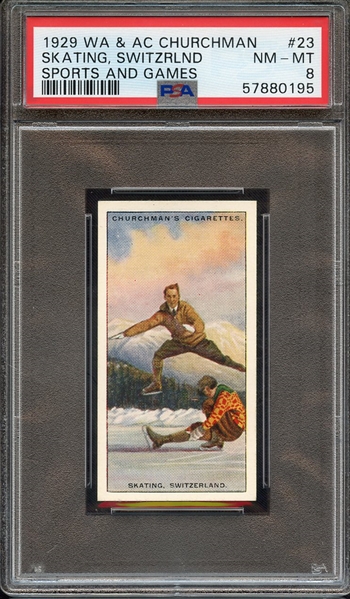 1929 W.A. & A.C. CHURCHMAN SPORTS AND GAMES 23 SKATING, SWITZRLND SPORTS AND GAMES PSA NM-MT 8