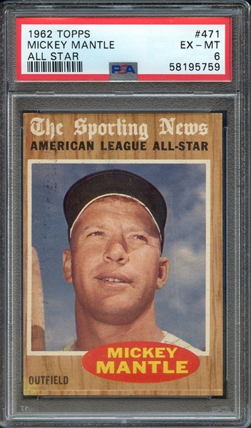 1962 TOPPS 471 MICKEY MANTLE ALL STAR PSA EX-MT 6