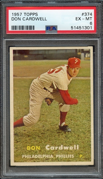 1957 TOPPS 374 DON CARDWELL PSA EX-MT 6