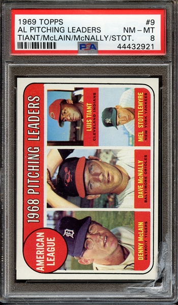 1969 TOPPS 9 AL PITCHING LEADERS TIANT/McLAIN/McNALLY/STOT. PSA NM-MT 8