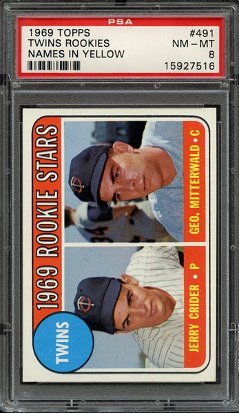1969 TOPPS 491 TWINS ROOKIES NAMES IN YELLOW PSA NM-MT 8