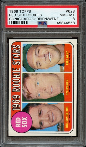 1969 TOPPS 628 RED SOX ROOKIES CONIGLIARO/O'BRIEN/WENZ PSA NM-MT 8