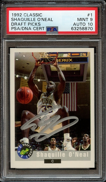 1992 CLASSIC DRAFT PICKS 1 SIGNED SHAQUILLE O'NEAL PSA MINT 9 PSA/DNA AUTO 10