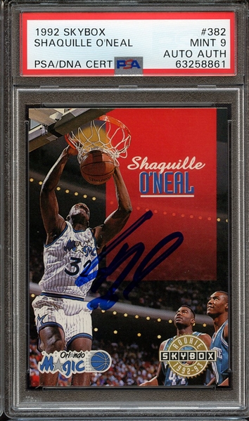 1992 SKYBOX 382 SIGNED SHAQUILLE O'NEAL PSA MINT 9 PSA/DNA AUTO AUTHENTIC