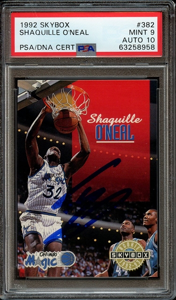1992 SKYBOX 382 SIGNED SHAQUILLE O'NEAL PSA MINT 9 PSA/DNA AUTO 10