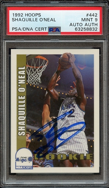 1992 HOOPS 442 SIGNED SHAQUILLE O'NEAL PSA MINT 9 PSA/DNA AUTO AUTHENTIC