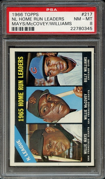1966 TOPPS 217 NL HOME RUN LEADERS MAYS/McCOVEY/WILLIAMS PSA NM-MT 8