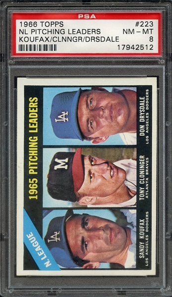 1966 TOPPS 223 NL PITCHING LEADERS KOUFAX/CLNNGR/DRSDALE PSA NM-MT 8