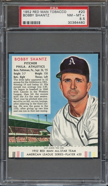 1952 RED MAN TOBACCO 20 BOBBY SHANTZ PSA NM-MT+ 8.5