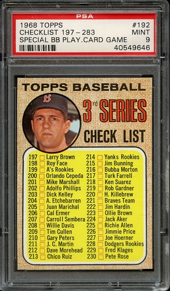 1968 TOPPS 192 CHECKLIST 197-283 SPECIAL BB PLAY.CARD GAME PSA MINT 9