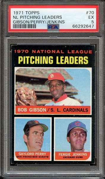1971 TOPPS 70 NL PITCHING LEADERS GIBSON/PERRY/JENKINS PSA EX 5