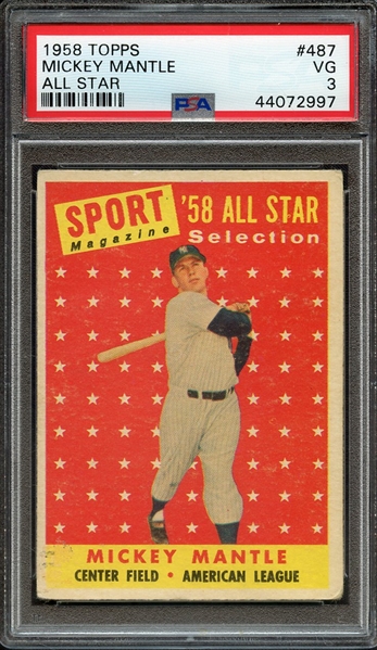 1958 TOPPS 487 MICKEY MANTLE ALL STAR PSA VG 3