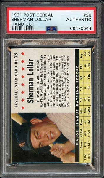 1961 POST CEREAL 28 SHERMAN LOLLAR HAND CUT PSA AUTHENTIC
