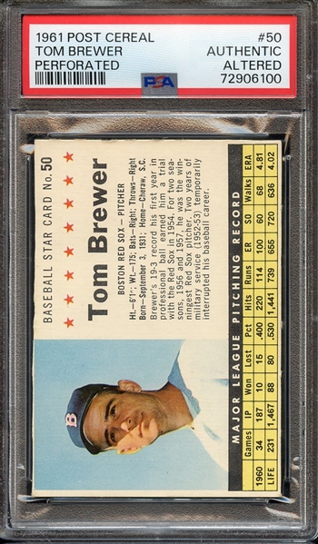 1961 POST CEREAL 50 TOM BREWER PERFORATED PSA AUTHENTIC ALTERED