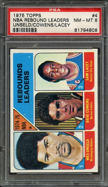 1975 TOPPS 4 NBA REBOUND LEADERS UNSELD/COWENS/LACEY PSA NM-MT 8