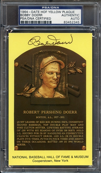 1964-DATE YELLOW PLAQUE POSTCARD SIGNED BOBBY DOERR PSA/DNA AUTO AUTHENTIC