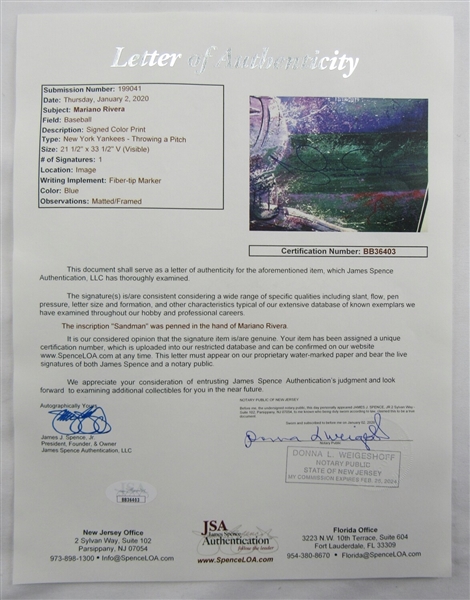Mariano Rivera Signed Auto Autograph Framed 24x36 Bill Lopa Poster JSA BB36403
