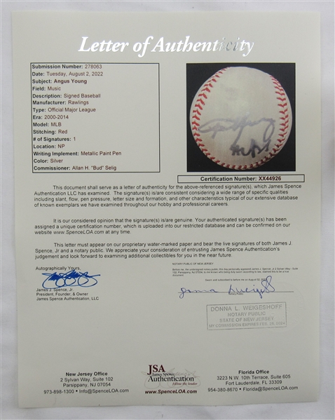 Angus Young ACDC Signed Auto Autograph Rawlings Baseball JSA XX44926