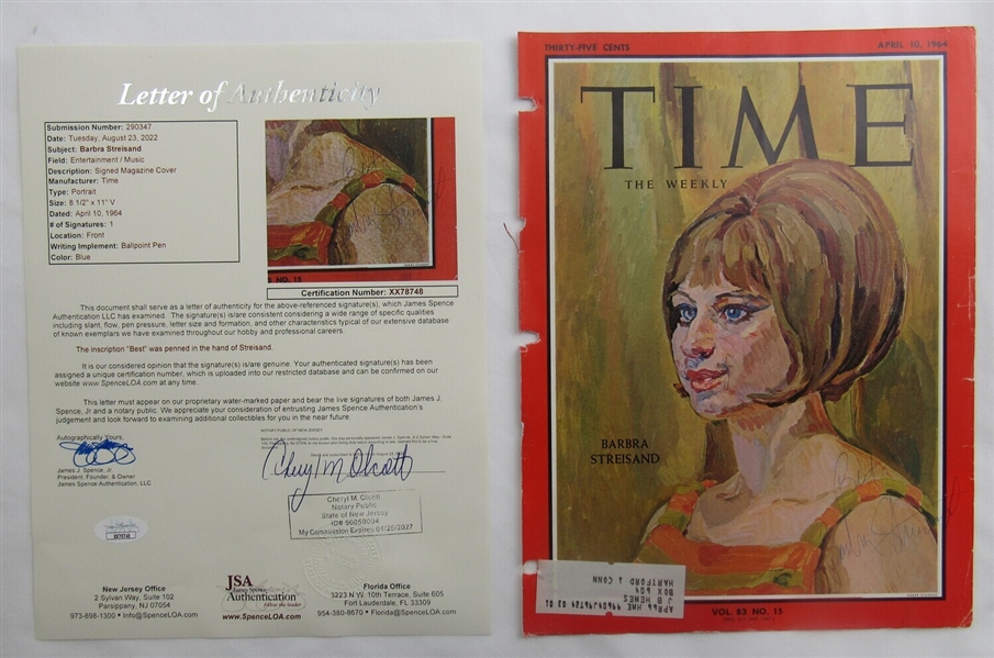 Barbra Streisand Signed Auto Autograph Time Magazine Cut Cover 4/10/64 JSA XX78748