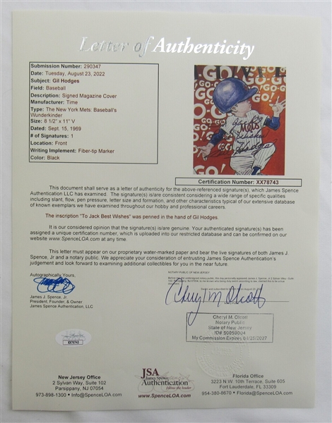 Gil Hodges Signed Auto Autograph Time Magazine Cut Cover 9/5/69 JSA XX78743
