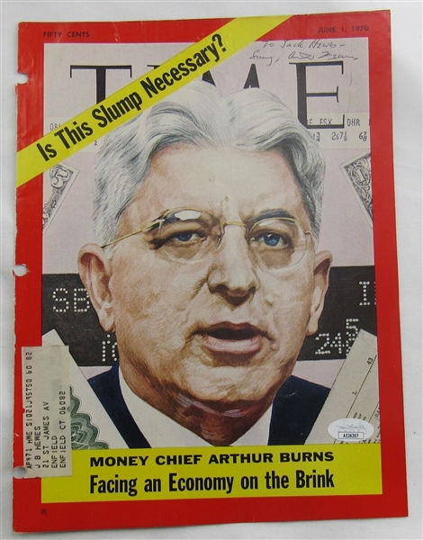 Arthur F Burns Signed Auto Autograph Time Magazine Cut Cover 6/1/70 JSA AE26307