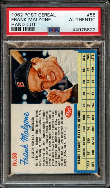 Lot Detail 1962 POST CEREAL 58 FRANK MALZONE HAND CUT PSA AUTHENTIC