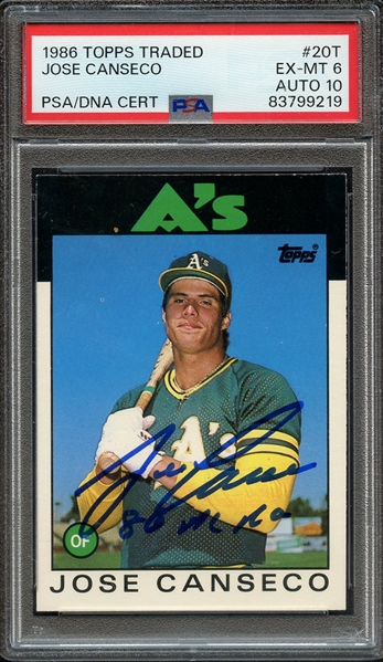 1986 TOPPS 20T SIGNED JOSE CANSECO PSA EX-MT 6 PSA/DNA AUTO 10