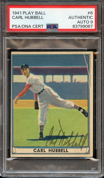1941 PLAY BALL 6 SIGNED CARL HUBBELL PSA AUTHENTIC PSA/DNA AUTO 9