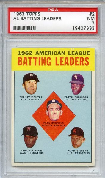 1963 Topps 2 AL Batting Leaders Mantle PSA NM 7