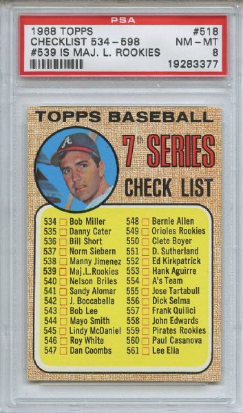 1968 Topps 518 7th Series Checklist PSA NM-MT 8
