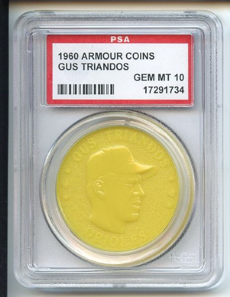 1960 Armour Coins Yellow Gus Triandos PSA GEM MT 10