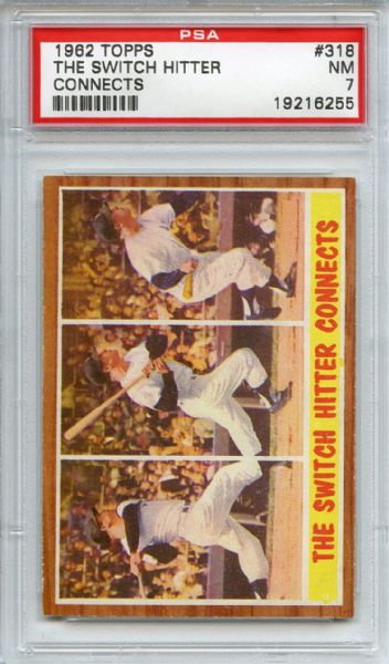1962 Topps 318 Mickey Mantle The Switch Hitter Connects PSA NM 7