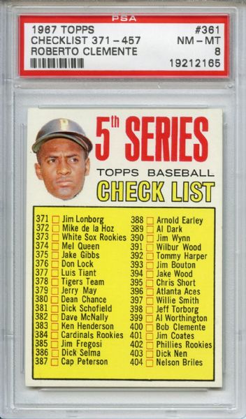1967 Topps 361 5th Series Checklist Roberto Clemente PSA NM-MT 8