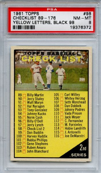 1961 Topps 98 2nd Series Checklist 89-176 Yellow Letters Black 98 PSA NM-MT 8