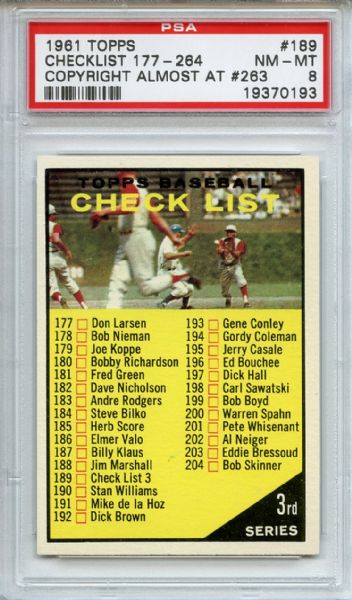 1961 Topps 189 3rd Series Checklist 177-264 Copyright almost at # 263 PSA NM-MT 8