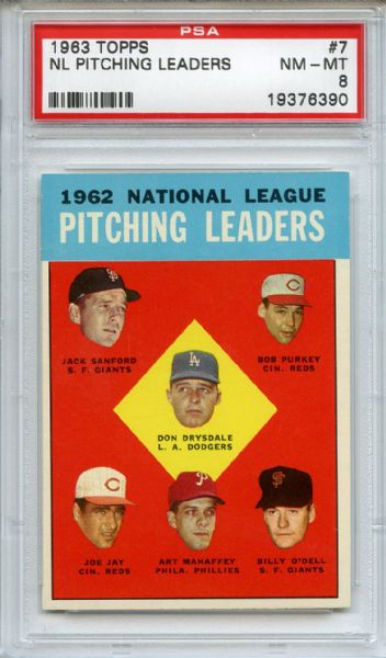 1963 Topps 7 NL Pitching Leaders Drysdale PSA NM-MT 8
